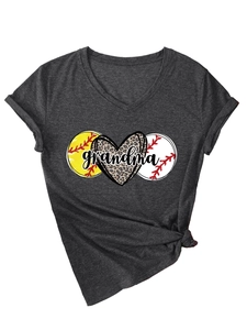 Close-up of grandma text with leopard heart and baseball print on dark grey V-neck tee