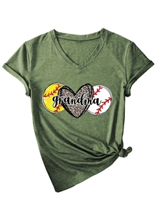 Detail of V-neck heather green T-shirt with leopard heart and grandma baseball print