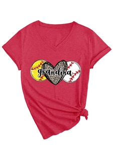 Detail of red V-neck T-shirt featuring baseball leopard heart and Grandma text