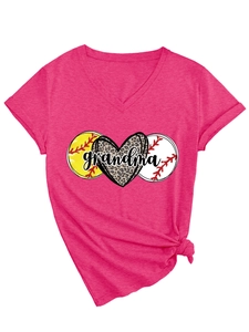Detail of hot pink V-neck t-shirt with leopard heart and grandma graphic print
