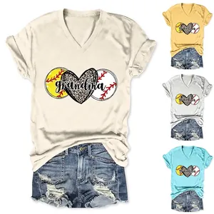 Women V Neck T Shirt Cotton Blend Casual Loose Short Sleeve Grandma Baseball Leopard Heart Graphic Print Top