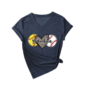 Women's V-neck dark grey T-shirt featuring leopard heart and grandma baseball print