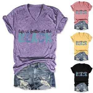 Women V Neck T-Shirt Cotton Blend Short Sleeve Summer Casual Loose Life Is Better At The Beach Palm Tree Graphic Top