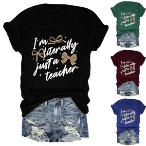 Women Cotton Round Neck Short Sleeve T-Shirt Graphic Teacher Theme Leopard Bow Printed Casual Loose Top
