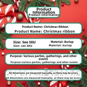 Detail view of burlap Christmas ribbon specifications with festive holiday decorations
