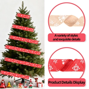 Linen Christmas ribbon with white snowflake prints for tree and gift decoration