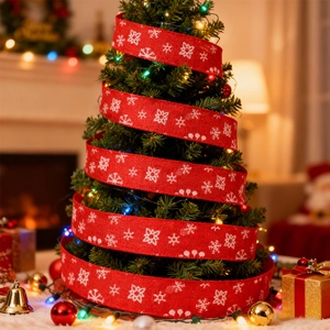 Red faux burlap Christmas ribbon with white snowflake patterns on a decorated Xmas tree