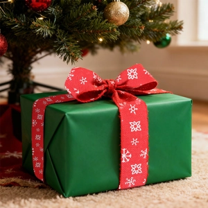 Christmas burlap ribbon with snowflake patterns tied on a green gift box under a tree
