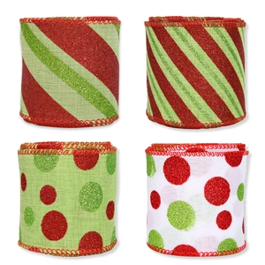 Set of four Christmas ribbons with red and green polka dots and stripes for DIY gift wrapping