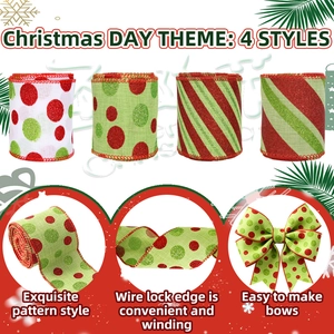 Christmas ribbon set with red and green dots and stripes for DIY holiday decor bows