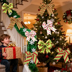 Red and green striped polka dot Christmas bows for festive party tree decorations