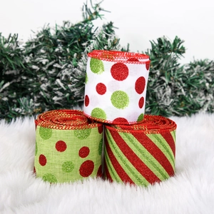Three-pack Christmas glitter ribbons with red and green polka dots and stripes for DIY crafts