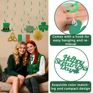 St. Patrick's Day hanging swirl decorations with shamrocks and green hats for Irish party