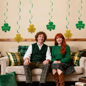 St. Patrick's Day shamrock clover swirls and Lucky hanging decorations for party setup