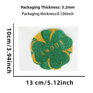 Glittery St. Patrick's Day lucky clover decorations with size dimensions in packaging