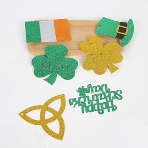 Glittering Saint Patrick's Day ceiling swirls with green clover and gold Irish charms