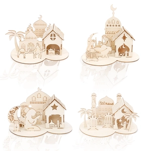 Eid Mubarak Ornement de Bureau en Bois DIY 3D Mosquée Château Étoile Lune Ramadan Festif Décoration de Maison Cadeau