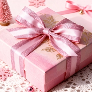 Close-up of a pink gift box with gold leaf prints and a glittering satin ribbon bow