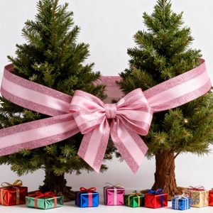 Pink glitter ribbon bow on mini Christmas trees with colorful gift boxes setup