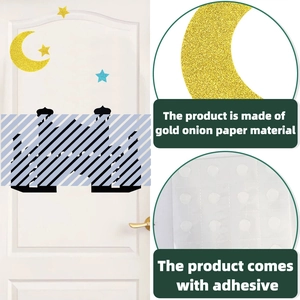 Eid Mubarak gold glitter moon and star stickers with black mosque silhouette decor
