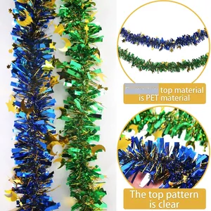 Blue and green PET tinsel garland with gold stars and moon for Ramadan decorations
