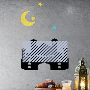 Detail view of black mosque silhouette wall stickers with gold glitter moon and stars