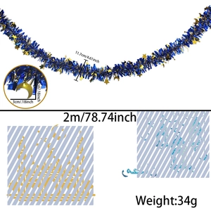 Blue tinsel garland with gold stars and moons for Ramadan, measuring 2 meters in length
