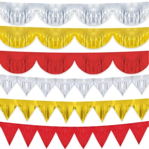 Macro shot of metallic red, gold and silver foil fringe banners in half-circle and triangle shapes