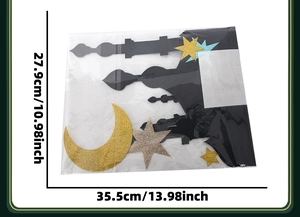 Eid wall stickers set with gold crescent moon and stars showing 10.98x13.98 inch packaging size