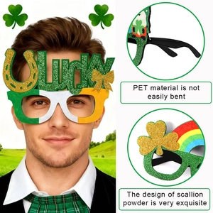 Gafas de San Patricio con purpurina verde, tréboles, arcoíris y el texto Lucky festivo