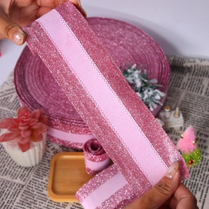 Pink glitter Christmas ribbon 6.3cm wide with shimmering edges for DIY gift wrapping