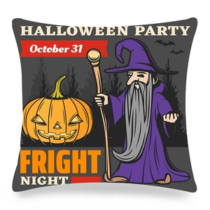 Halloween kussenhoes met toovenaar, pompoen en vleermuis silhouet voor decoratie