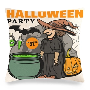 Detail van Halloween kussensloop met cartoon heks, ketel en pompoen graphics