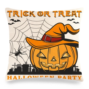 Detail van Halloween kussensloop met pompoen, heksenhoed en Trick or Treat tekst