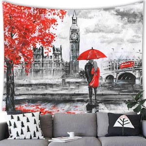 Detail of oil painting tapestry showing London Big Ben and red bus in a modern room