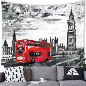 Artistic oil painting tapestry featuring a red London bus and Big Ben on a living room wall