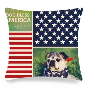 Linen pillow cover with Pug photo and Dog Bless America text on US flag background