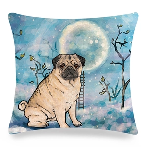 Detail of linen pug dog pillow cover showing the moonlit illustration and fabric texture