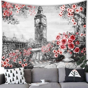 Detail of Big Ben tapestry featuring red roses over a modern sofa for wall decor