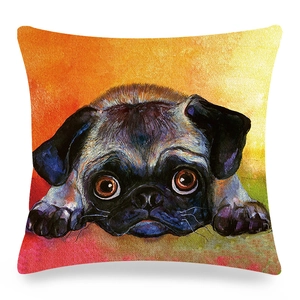 Macro shot of pug watercolor art on textured linen square throw pillow case