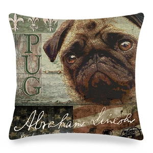 Detailed close-up of a vintage linen pug dog pillow cover with Lincoln eagle design