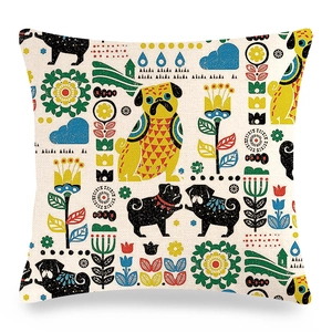 Detailed close-up showing the natural linen texture and colorful pug art on the pillow cover