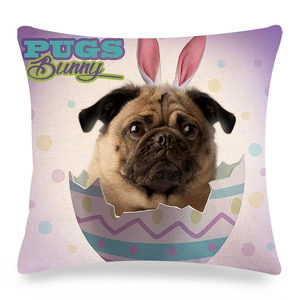 Detail of linen pillowcase featuring a pug with bunny ears in an Easter egg pattern