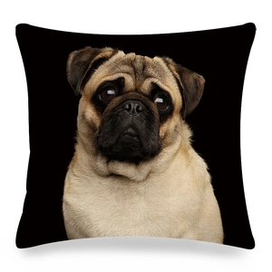 Detail shot of Pug face print on heavy linen square pillowcase with woven texture