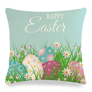 Federa per cuscino pasquale in lino con uova colorate e margherite su fondo blu