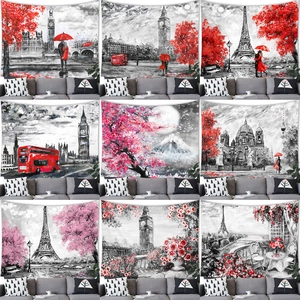 Artistic Oil Painting Scenery Tapestry Paris Eiffel Tower London Big Ben Wall Hanging Decor For Living Room Bedroom Office Polyester Fabric