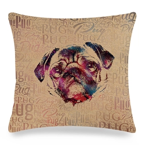 Linen pillow cover featuring colorful pug art illustration and vintage typographic pattern