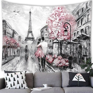 Impressionist Eiffel Tower wall tapestry featuring lovers and pink flowers for home decor