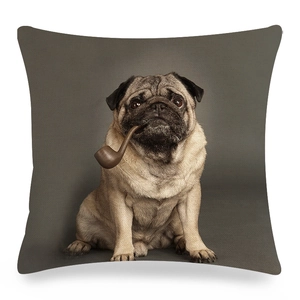 Linen pillowcase featuring a humorous pug dog smoking a pipe on a charcoal gray background