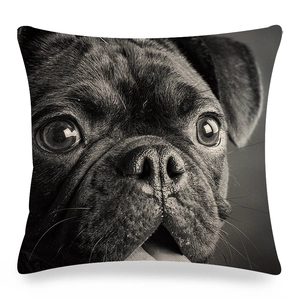 Artistic black and white pug face print on square linen decorative pillowcase for home decor
